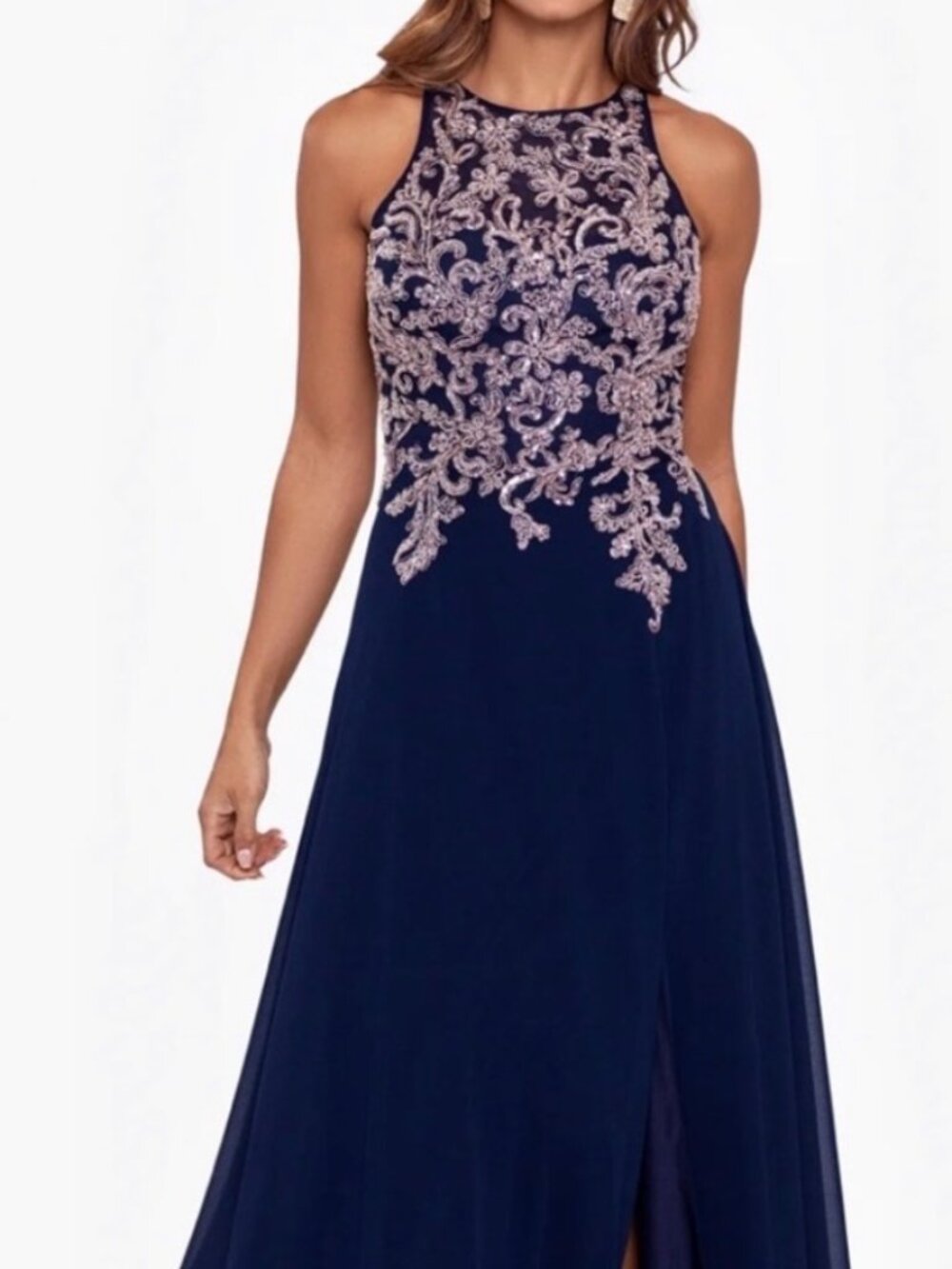 NWT Betsy & Adam Rose Gold Embroidered Navy Maxi Dress. Size 10